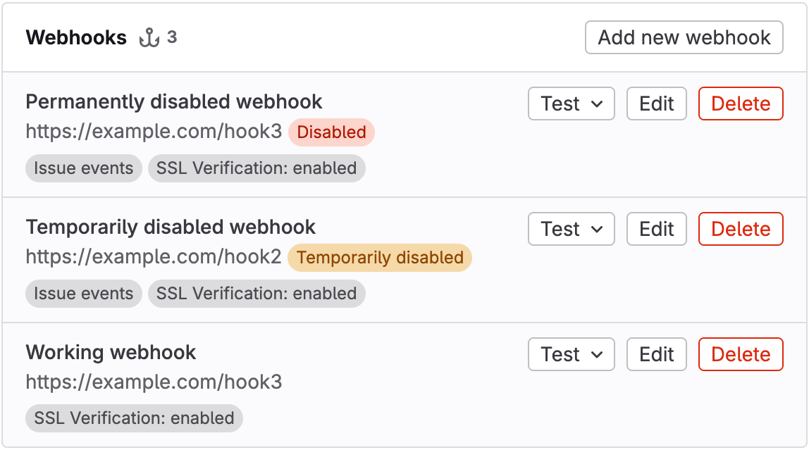 显示已禁用和暂时禁用状态徽章的 Webhook 列表。